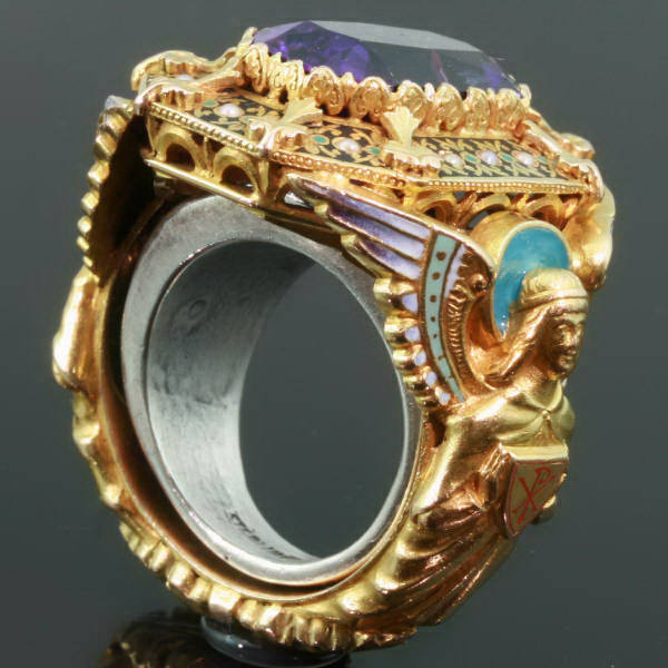 Gold Victorian Bishops ring with stunning enamel work and gem amethyst