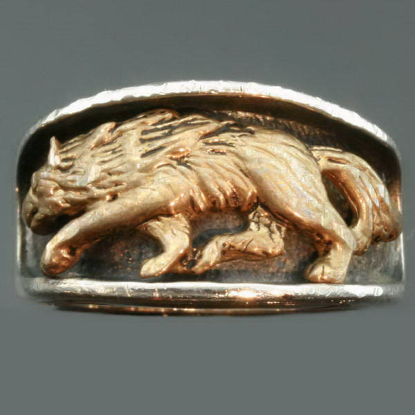 Gold Victorian Bishops ring with stunning enamel work, gem amethyst and hidden ring with stalking wolf