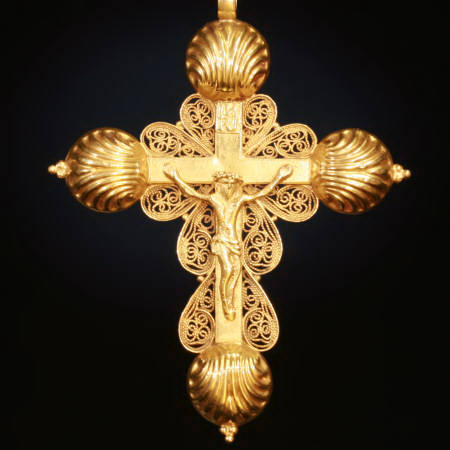 18th Century French cross in filigree gold with good readable hallmarks from the antique jewelry collection of Adin Antique Jewelry, Antwerp, Belgium