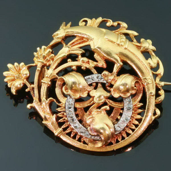 A tribute to French symbolic jewelry, elegant Victorian phoenix or griffin brooch with floral ornaments and rose cut diamonds from the antique jewelry collection of Adin Antique Jewelry, Antwerp, Belgium