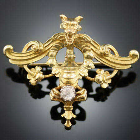 Victorian gold diamond griffin brooch pendant from the antique jewelry collection of Adin Antique Jewelry, Antwerp, Belgium