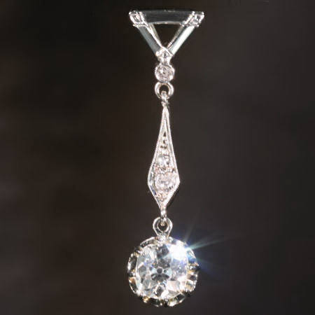 Art Deco pendant with big old mine cut diamond from the antique jewelry collection of www.adin.be