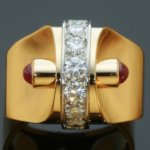 Extrovert and stylish red gold vintage Art Retro ring with diamonds and rubies from the antique jewelry collection of www.adin.be