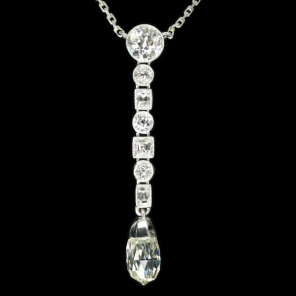 Platinum Art Deco diamond pendant necklace with big briolette cut pendant from the antique jewelry collection of www.adin.be