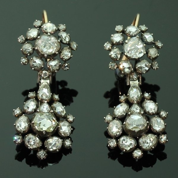 Long pendant Georgian earrings with high quality high domed rose cut diamonds