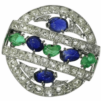 Click the picture to get to see this French Art Deco so-called tutti frutti brooch with diamond emerald sapphire
