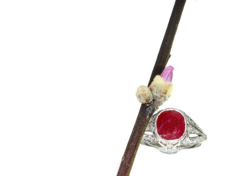 Click the picture to get to see this French Art Deco diamond engagement ring with big Burmese ruby.