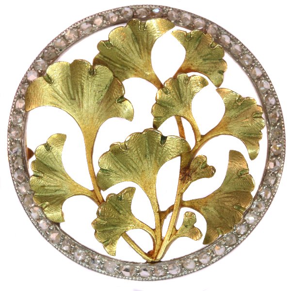 Click the picture to get to see this most charming Art Nouveau brooch with diamonds and Ginkgo biloba leaves.