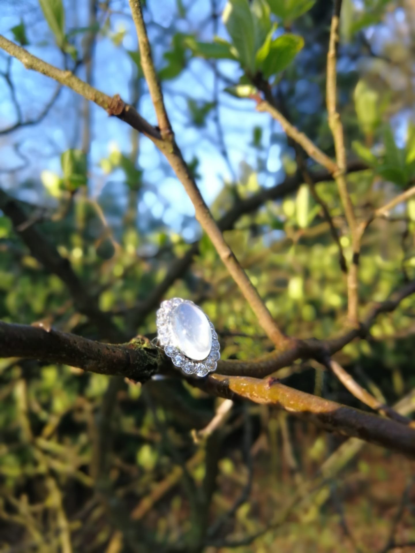 Click the picture to get to see this Vintage platinum diamond ring with magnificent moonstone.