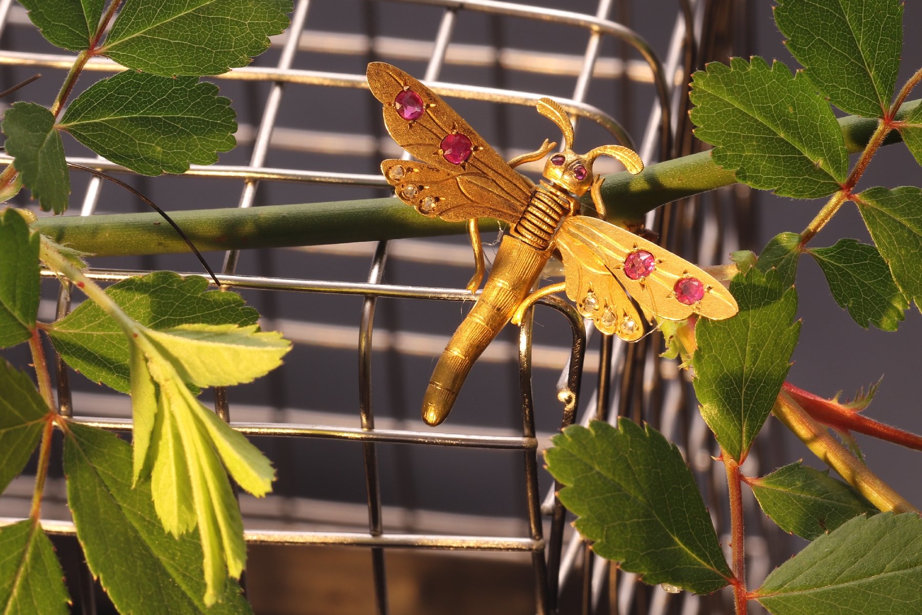 Click the picture to get to see this Antique Victorian hair clip brooch 18K gold dragonfly rose cut diamonds rubies.