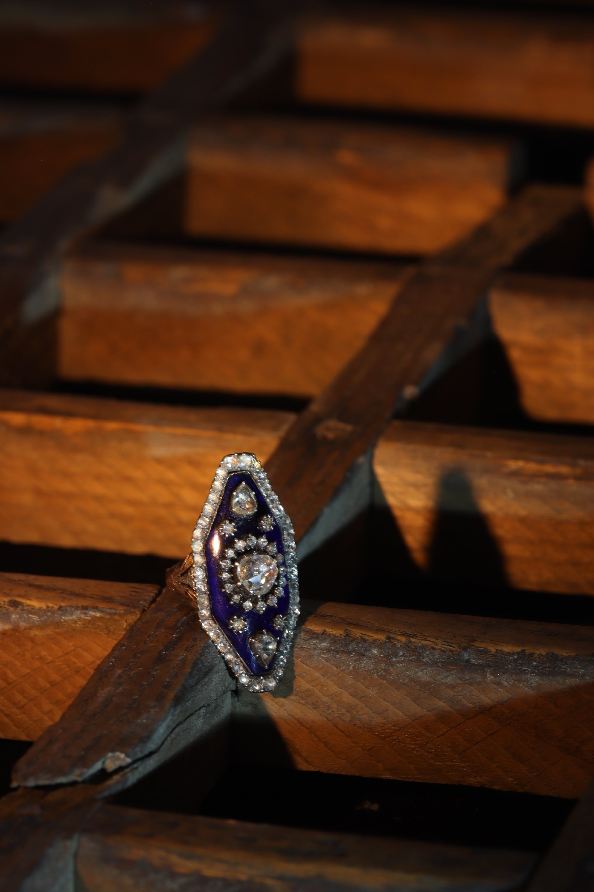 Click picture to get to this magnificent Victorian rose cut diamond ring with blue enamel