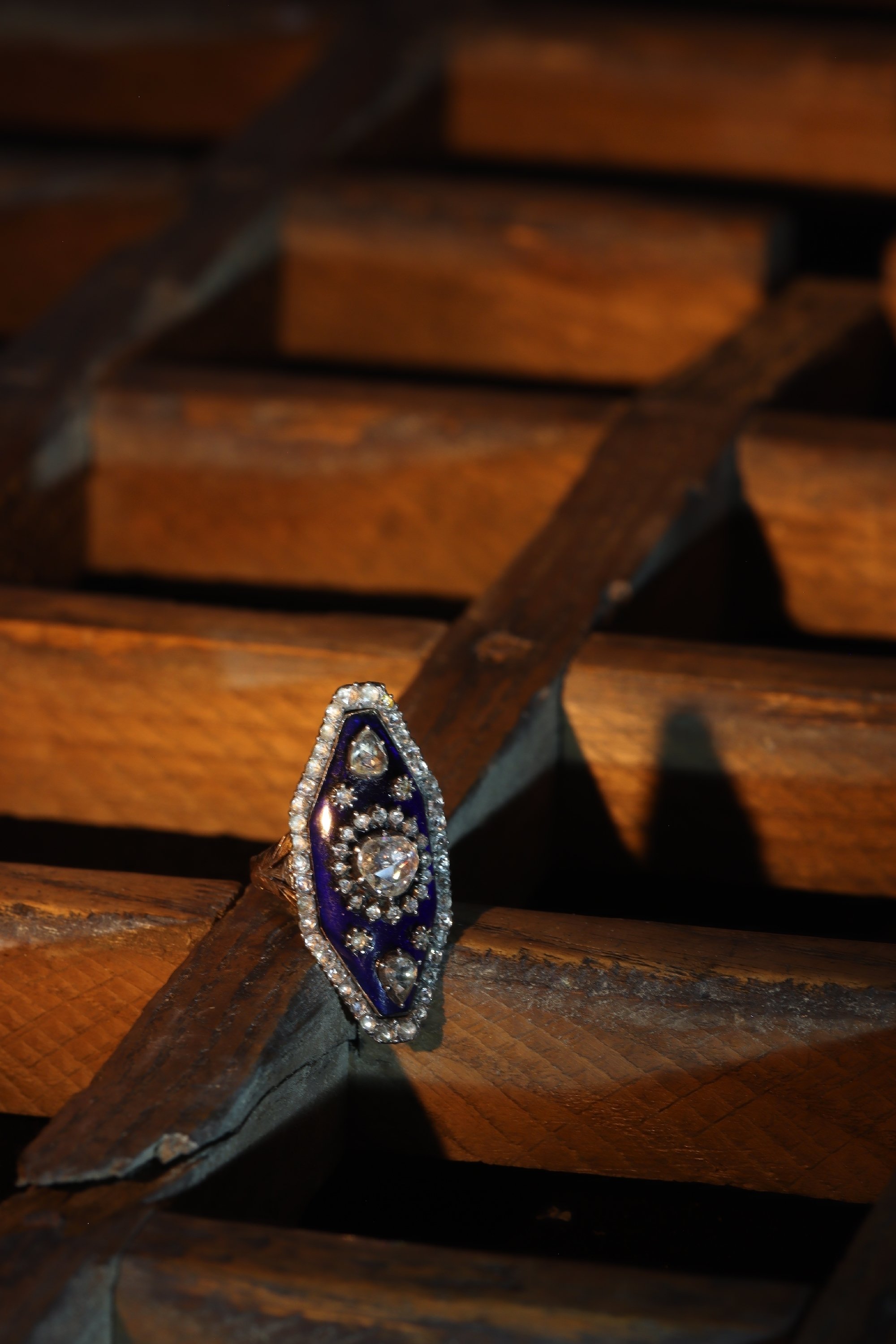 Click picture to get to this magnificent Victorian rose cut diamond ring with blue enamel