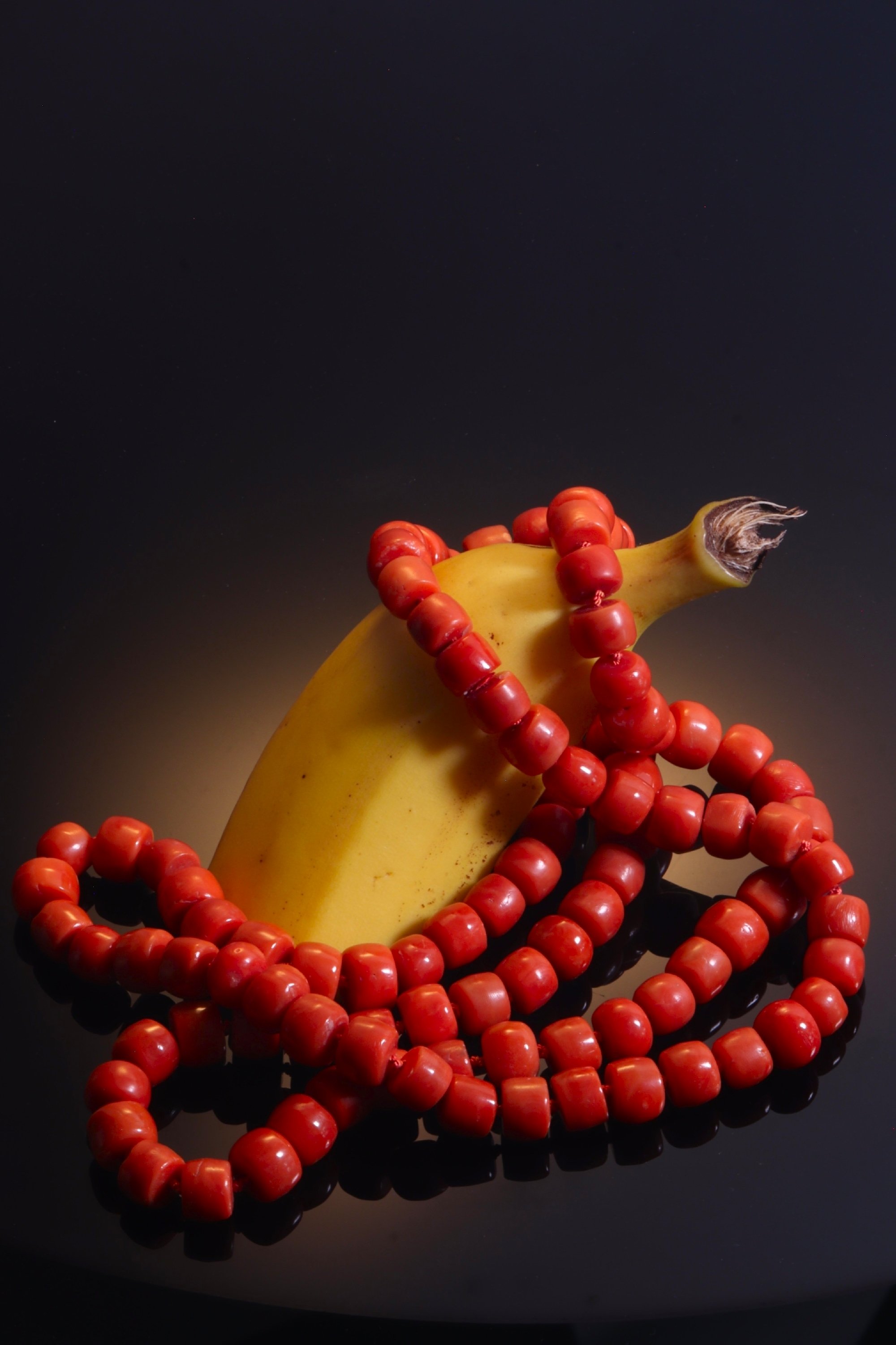 Click the picture to see of this Antique blood coral long necklace with 108 thick beads