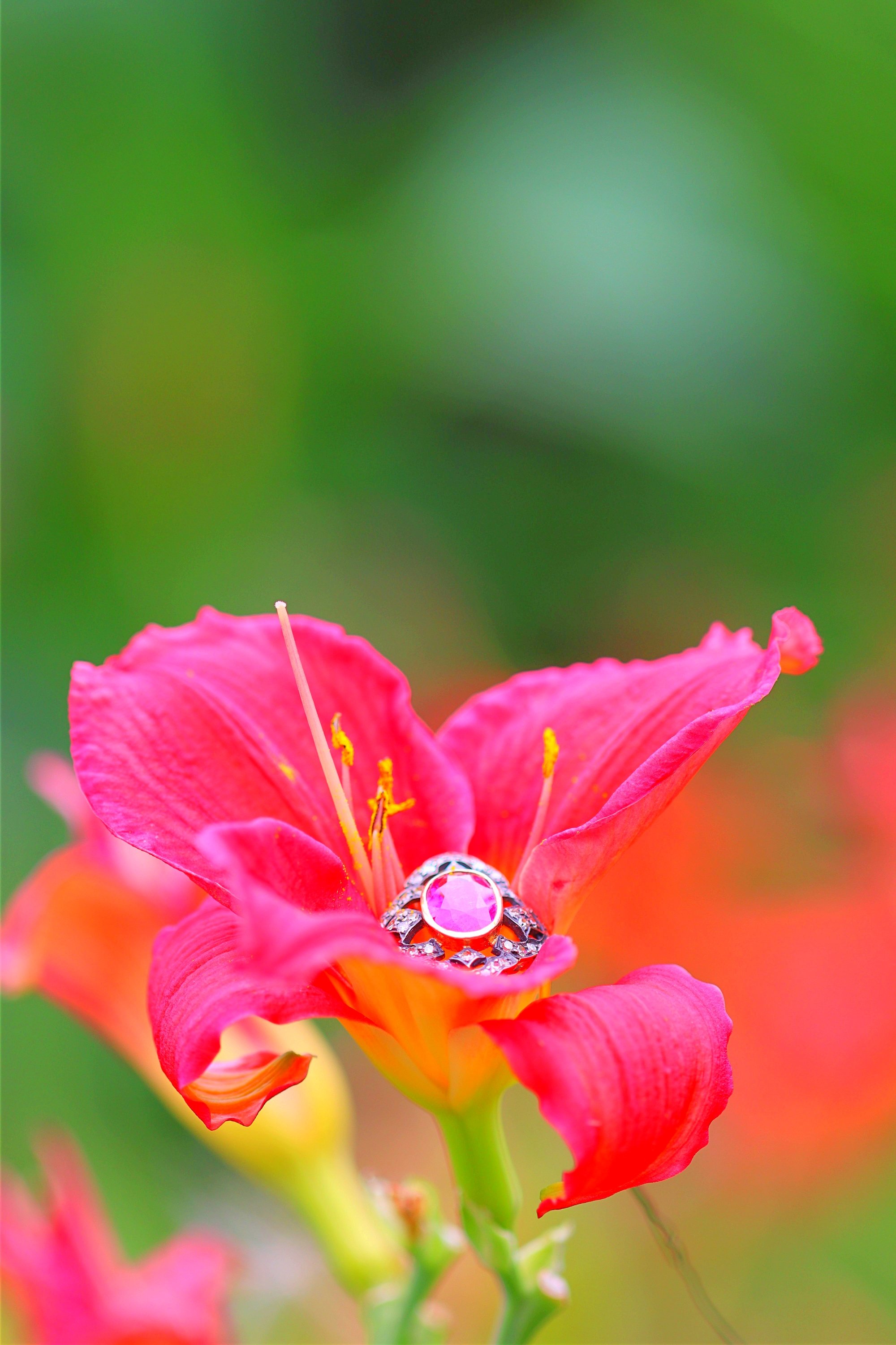 Click the picture to find out more about this vintage diamond ring with large rubelite