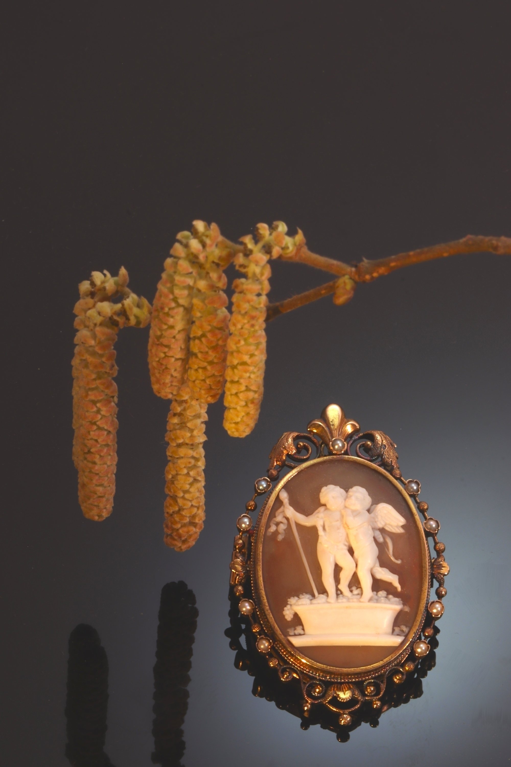 Click the picture to see of this Victorian cameo brooch/pendant with locket depicting Cupid and Bacchus Stomp Grapes, Autumn after Thorvaldsen