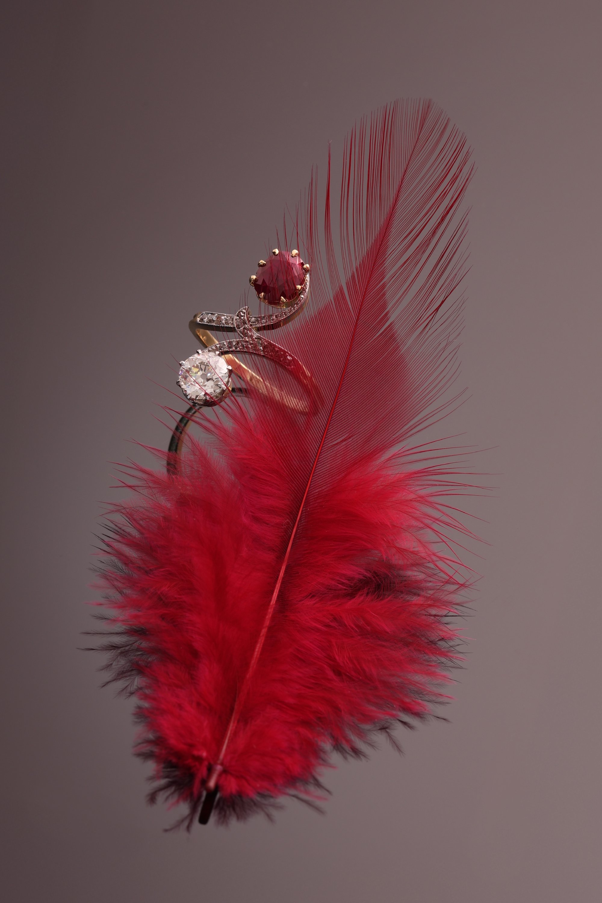 Click the picture to find out more about this Circa 1900 Art Nouveau Toi et Moi ring with diamond, ruby, antique sparkle